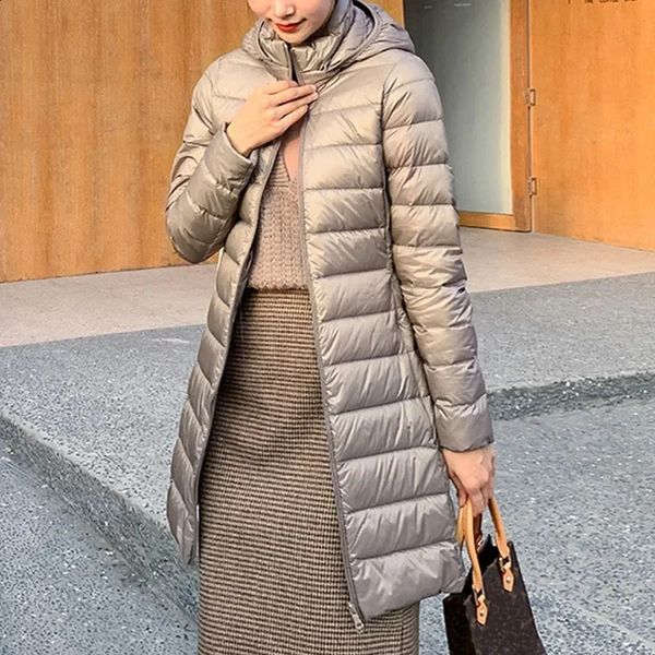 Winter Women Slim Down Coats Remove Hooded Parka Solid Color Female Long Light Thin Outerwear Lady Fashion Warm Puffer Jackets 241228
