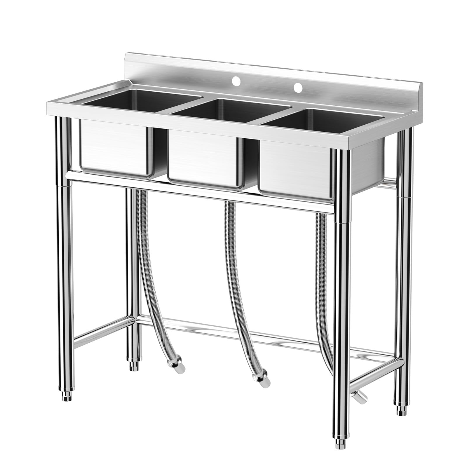 Garvee 39"W x 18"D x 37"H Freestanding Stainless Steel Utility Sink - 3-Compartment Commercial Sink with Hot & Cold Hoses for Restaurants, Garages, Ba