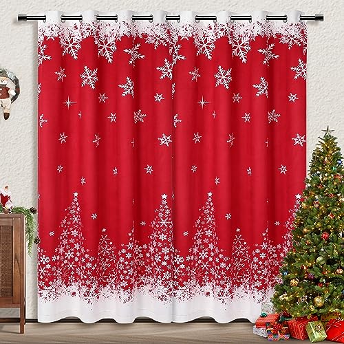 Garvee Merry Christmas Window Curtains 52Wx95L inch, White Snowflakes Christmas Red Velvet Curtains Set of 2 Panels for Bedroom Living Room Kitchen De