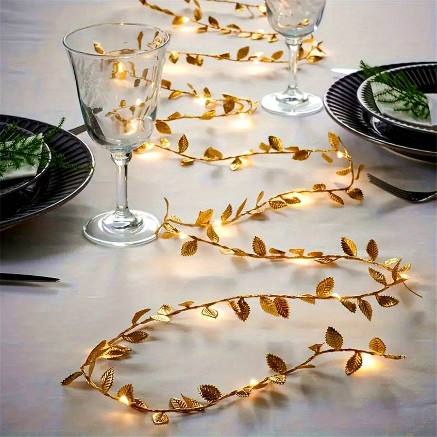 TEMU 16ft 50led Golden Artificial Plant Leaf Fairy Lights For Garden Decor, Wedding, Home, Halloween, Christmas Decorations, Battery Powered, Desk