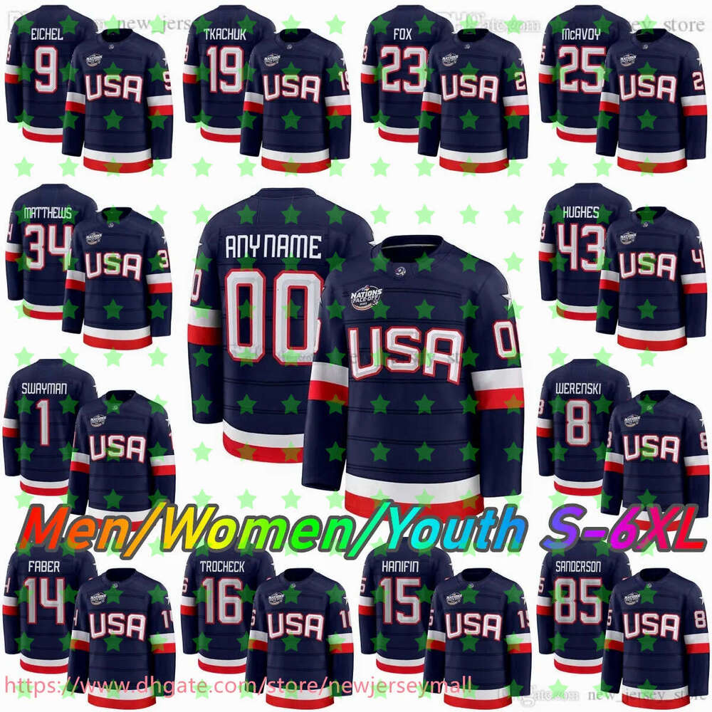 Custom S-6XL 2025 4 Nations Face-Off American Hockey Jersey National 12 Matt Boldy 9 Jack Eichel 29 Brock Nelson 23 Adam Fox 19 Matthew Tkachuk Quin