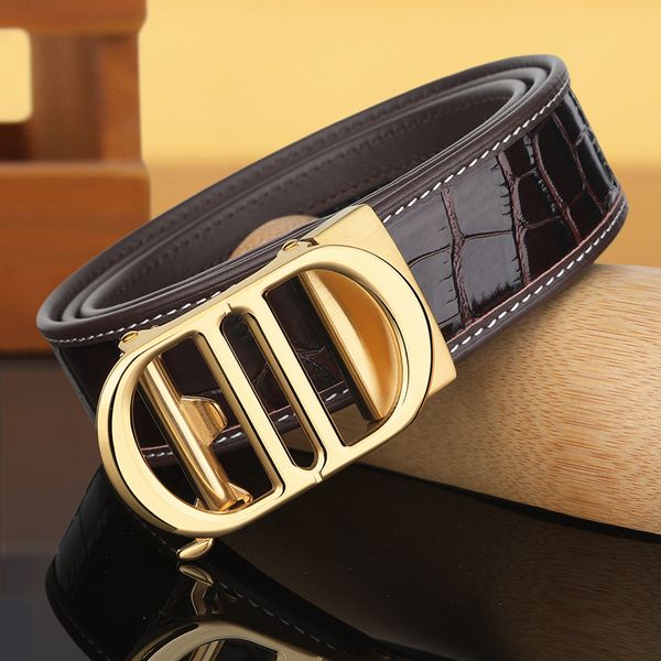 Authentic crocodile pattern genuine leather automatic buckle fashionable business belt double D-letter white line belt branded top layer cow
