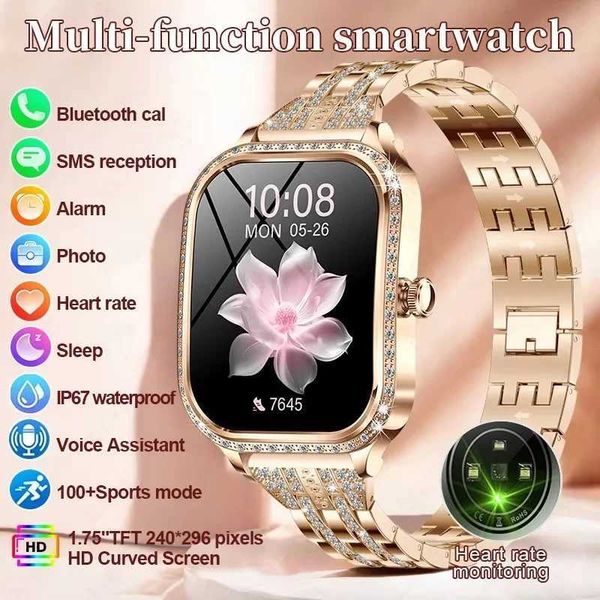 High Quality Fashion Womens Smart Watch 1.75-inch Curved Screen Sports Bracelet BT HD Call Clock IP68 Waterproof Diamond Case Smart Watch O2