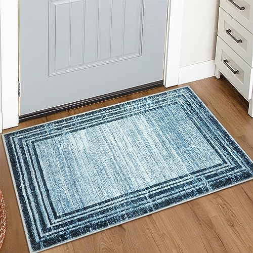 Lahome Modern Abstract Area Rug, Washable Blue 2x3 Entryway Rugs Non Skid Front Door Rug Indoor Low-Pile Kitchen Carpet, Minimalist Bordered Soft Bedr