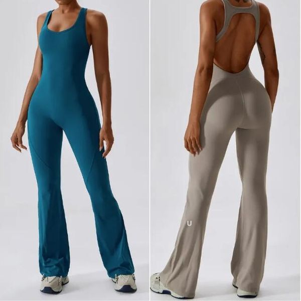 UU-2138 Womens Jumpsuits One Piece Yoga Outfits Sleeveless Close-fitting Dance Jumpsuit Long Pants Fast Dry Breathable Bell-bottoms Pants