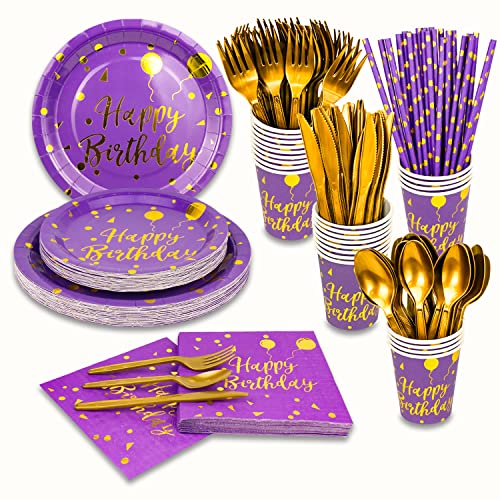 200 Pieces Gold Disposable Party Dinnerware Set &Disposable Purple Birthday Party Dinnerware - Purple Paper Plates Napkins Cups, Gold Plastic Forks Kn