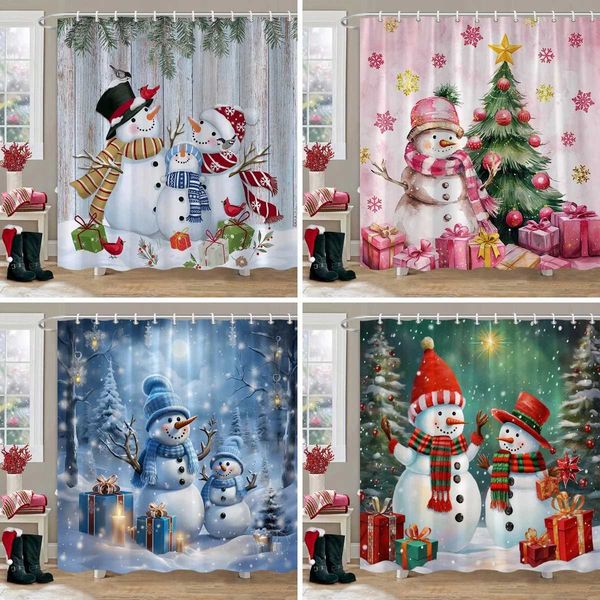 Christmas Snowman Shower Curtain Merry Santa Elf Deer Red Truck Polyester Fabric Printed Bath Curtains Bathroom Decor With Hooks Y240815
