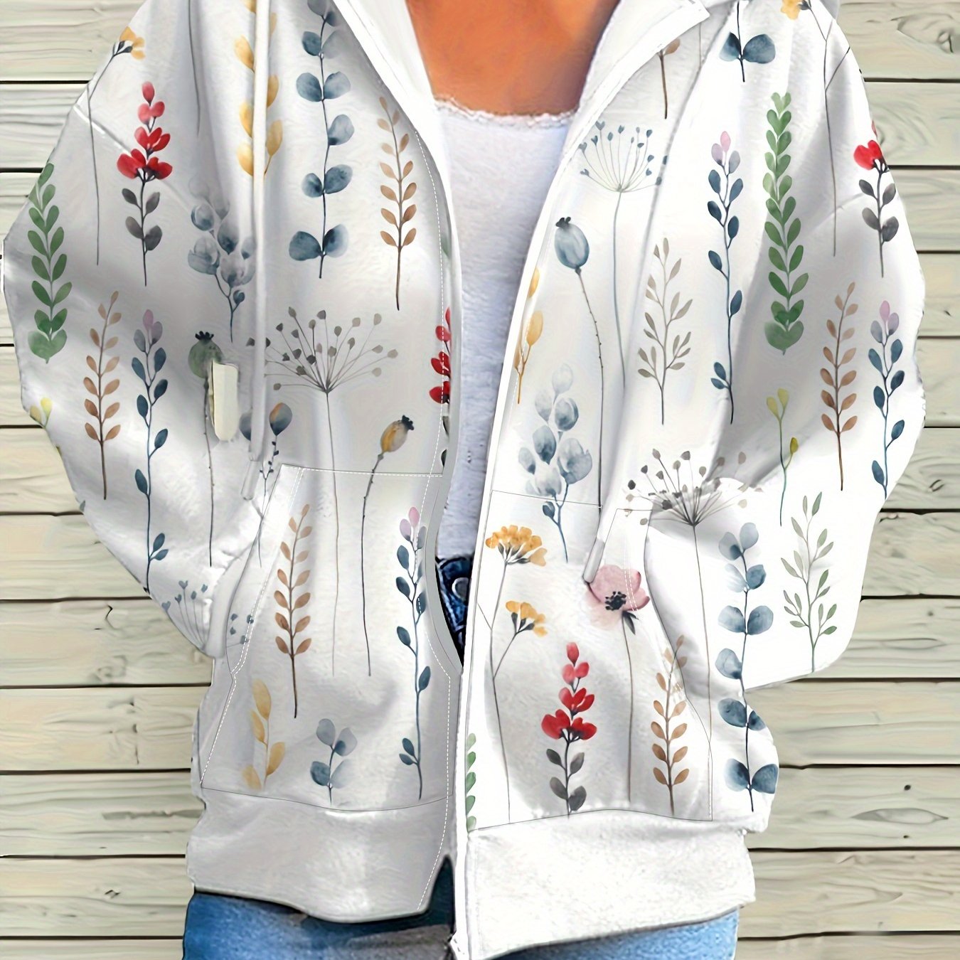 TEMU Women's Floral Print Zip-up Hoodie - Casual Loose Fit Long Sleeve Jacket With Front Pockets, Medium -washable Fabric, For Casual Attire, Leisure