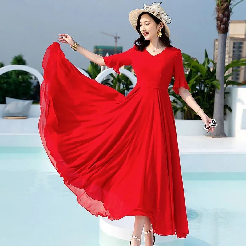 008 five-point sleeves, large swing, solid color collar, mid-length chiffon dress, knee-length holiday beach dress, plus size maxi dress