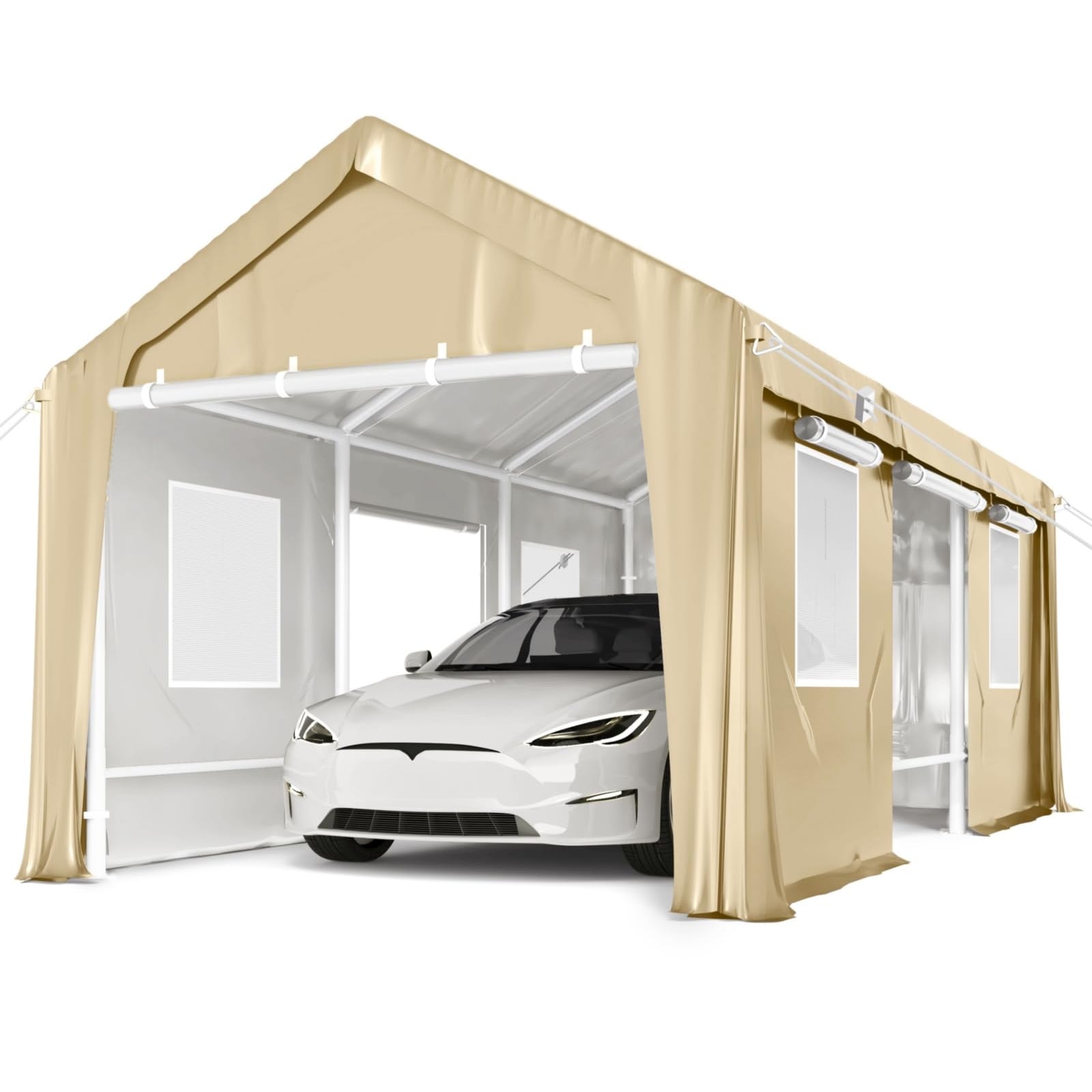 Garvee 13'x20' Windproof Portable Garage, Anti-High Wind Shelter with Front & Rear Doors for Pickup, Boat, and Equipment, Khaki