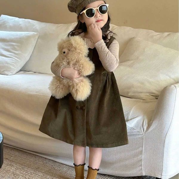 Clothing Sets 2-8Y Autumn 2PCS Clothes Set Cotton Lace Collar Undershirt Kids Girls Solid Sweet Sleeveless Corduroy Dress Baby Girl SuitL248