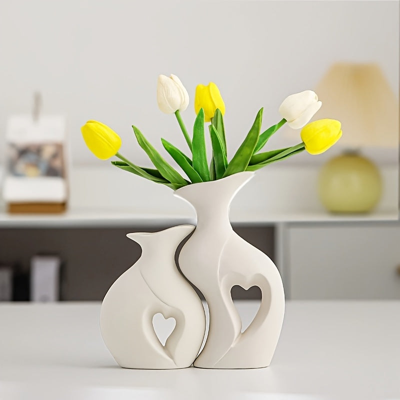 TEMU 1 Set White Resin Double Vase - Cylinder Shape, Decorative Centerpiece For Tulips, Ideal For Living Room Decor, No Electricity Or Battery Needed