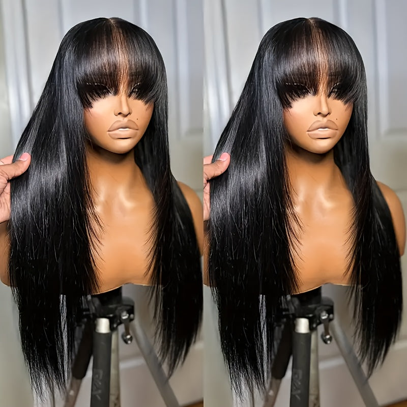 TEMU 26" Glueless Black Wig With Curtain Bangs - Long Straight Synthetic Hair, Pre- Lace Bangs & Realistic Scalp, Upgraded Premium Fibers For Natural