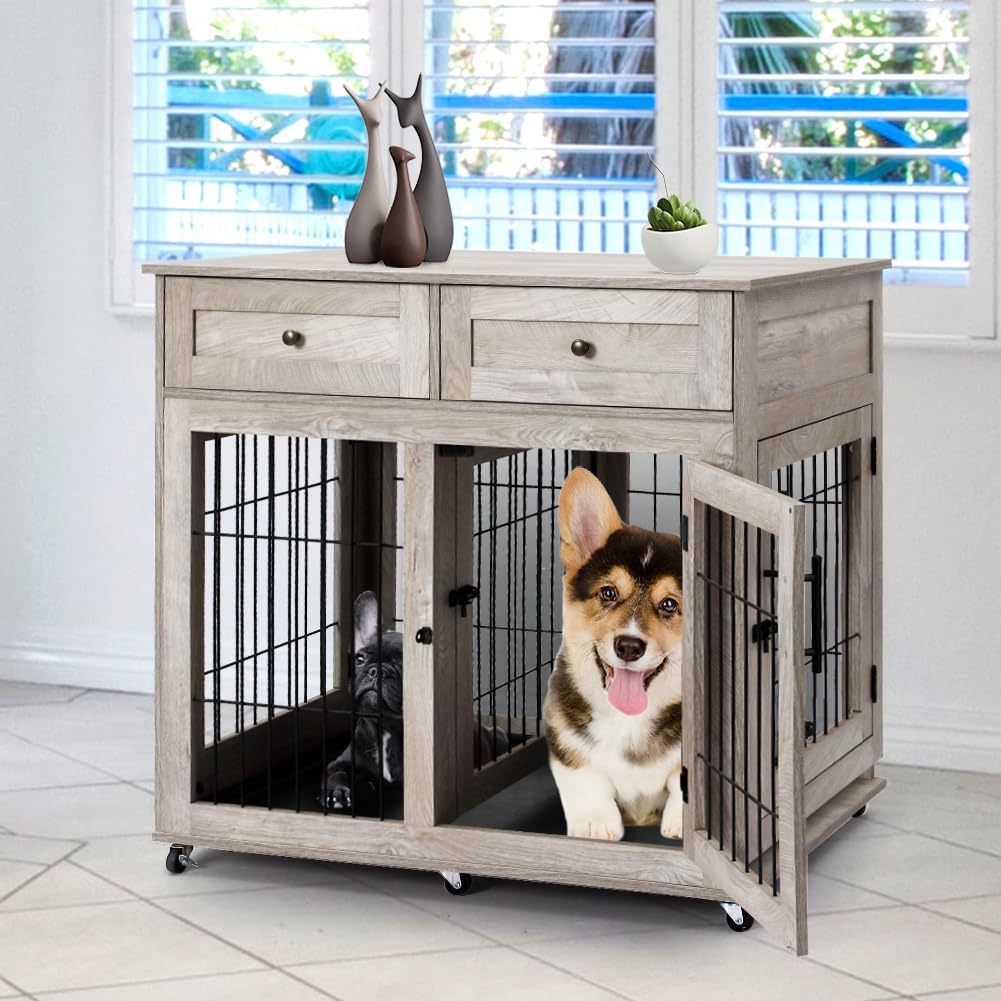 Garvee Double Room Wooden Dog Cage with Divider and Tray