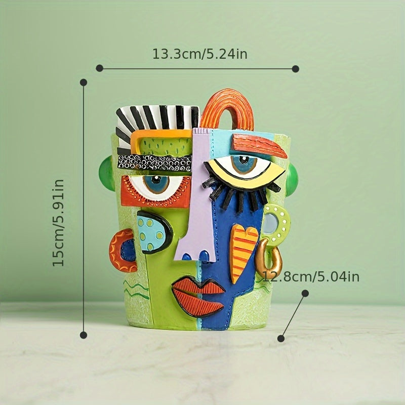 TEMU Abstract Fauvist Beauty Face Planter - Large , Green Plant Pot For Indoor & Outdoor Use, Resin With Lacquered Finish, Balcony Or Garden Decor,