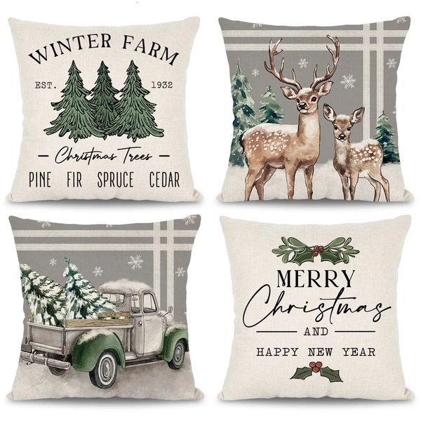 1pc4pcs Vintage Christmas Pillowcase Grey Tree Deer Truck n Sofa Cushion Cover For Party Home Decor 241111
