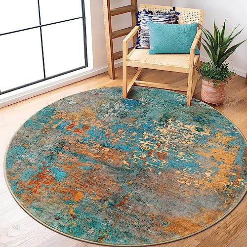 Lahome Modern Abstract Round Rug 5Ft - Colorful Washable 5x5 Circle Rugs for Living Room Bedroom Non Slip, Soft Indoor Floor Carpet for Dining Table B