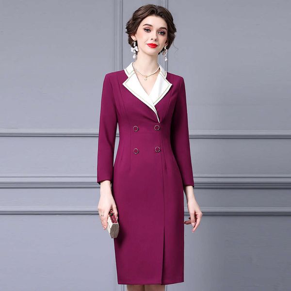 2024 Autumn New Color Clash Collar Splicing High Waist Commuter Sister Style Double Breasted Bag Hip Dress Chiffon Floral Dress Bifurcated S