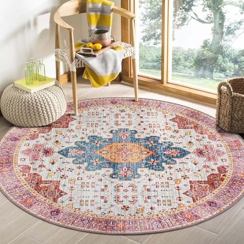 Moynesa Ultra-Thin Washable Round Rug - 4ft Pink Oriental Circle Area Rugs for Nursery Bedroom, Vintage Non Slip Non Shedding Low Pile Carpet for Livi