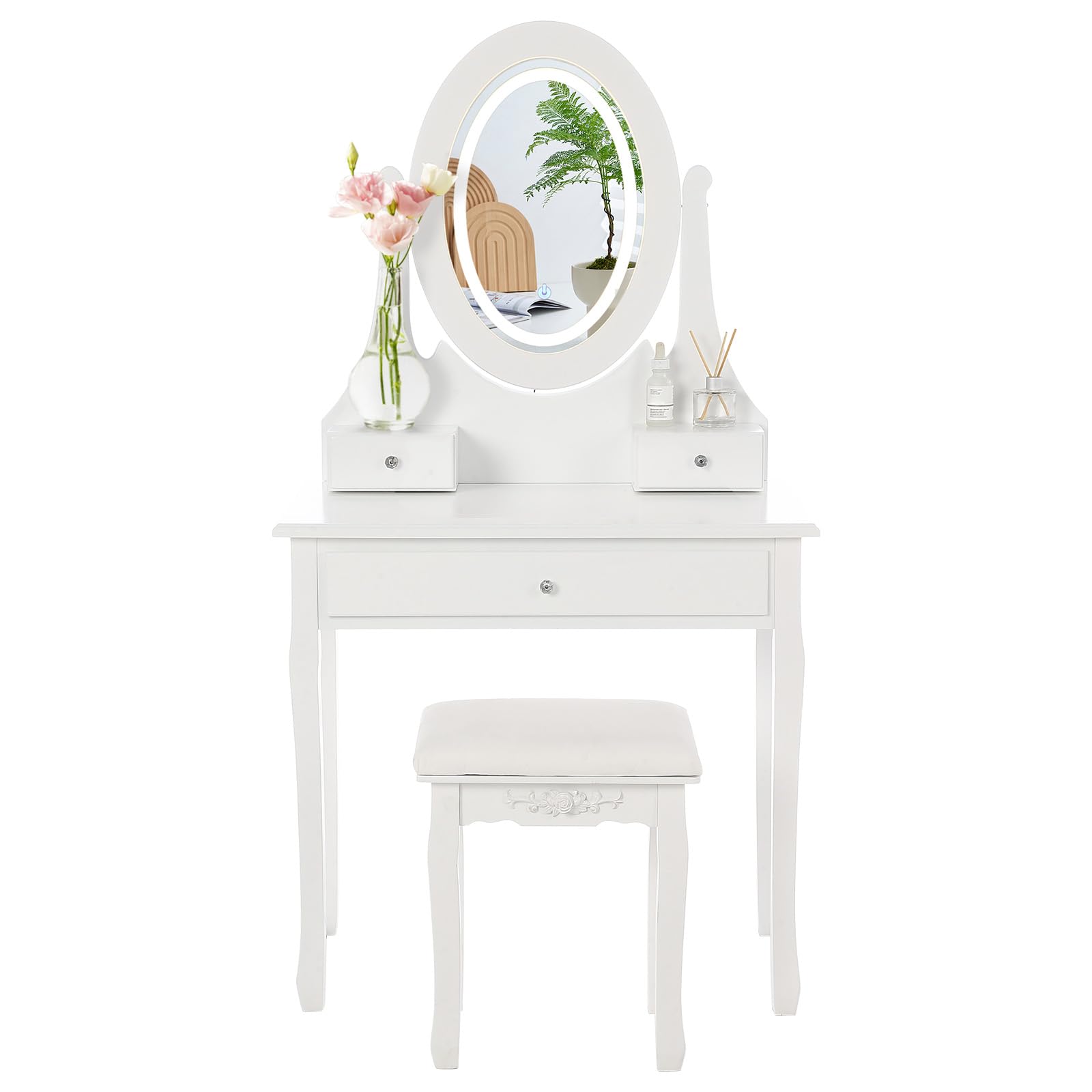Garvee Vanity Desk with Mirror and Lights, Wood Makeup Dressing Table with Oval Mirror & Stool,3 Colors Lighting Modes,Modern Bedroom Dressing Table w