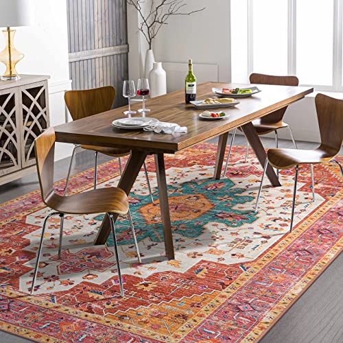 Moynesa Ultra-Thin Pink Area Rug - 8x10 Bedroom Living Room Rug Non-Slip Non-Shedding Nursery Mat, Indoor Oriental Medallion Floor Carpet for Dining R