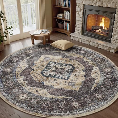 6 ft Round Rugs for Living Room Bedroom Rug Circle Area Rug for Dining Room Table Throw Vintage Circular Rugs Washable Soft Comfortable Brown Taupe Br