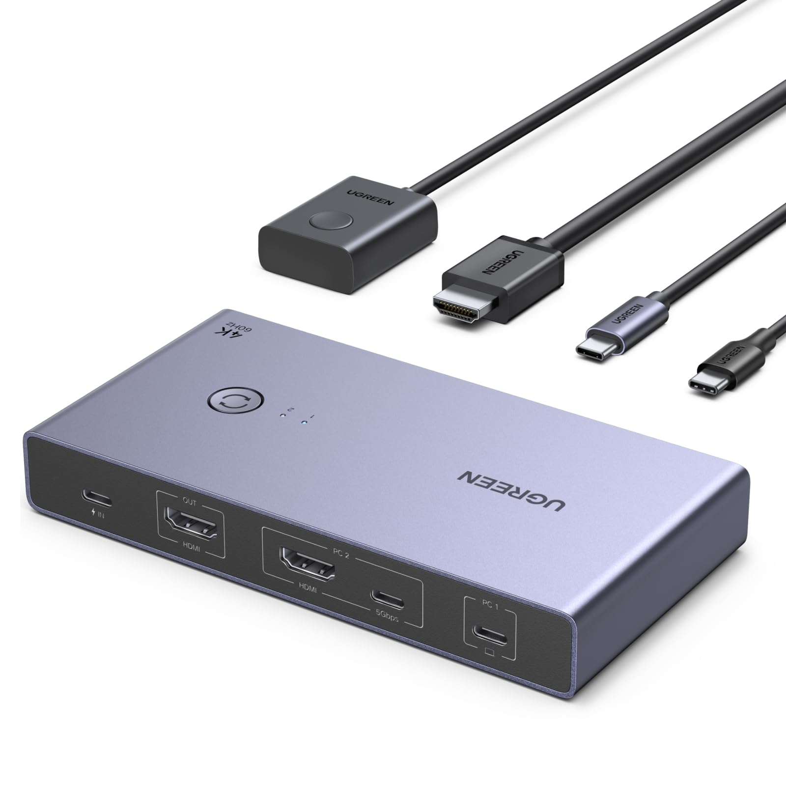 UGREEN USB C KVM Switch 4K60Hz 2 PC 1 Monitor Unterstützt EDID Verwaltung KVM Umschalter 2 In 1 Out mit 4 USB 3.0 Ports für Maus, Tastatur, Tragbare