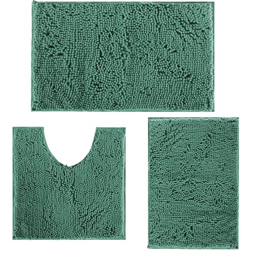 Dark Green Bath Rugs Set 3 Piece Bathroom Rug Non-Slip Bath Mats, Absorbent Shaggy Rugs, Machine Wash, Perfect Plush Bathroom Mats