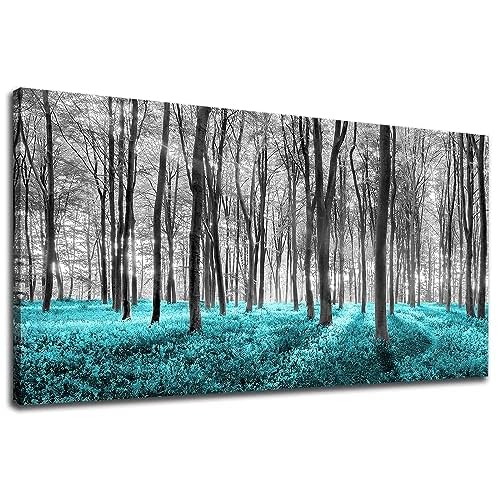 NINEASO Abstract Forest Canvas Wall Art - Black and White Trees Picture Teal Grassland Wall Decor Abstract Nature Landscape Canvas Painting Prints Art