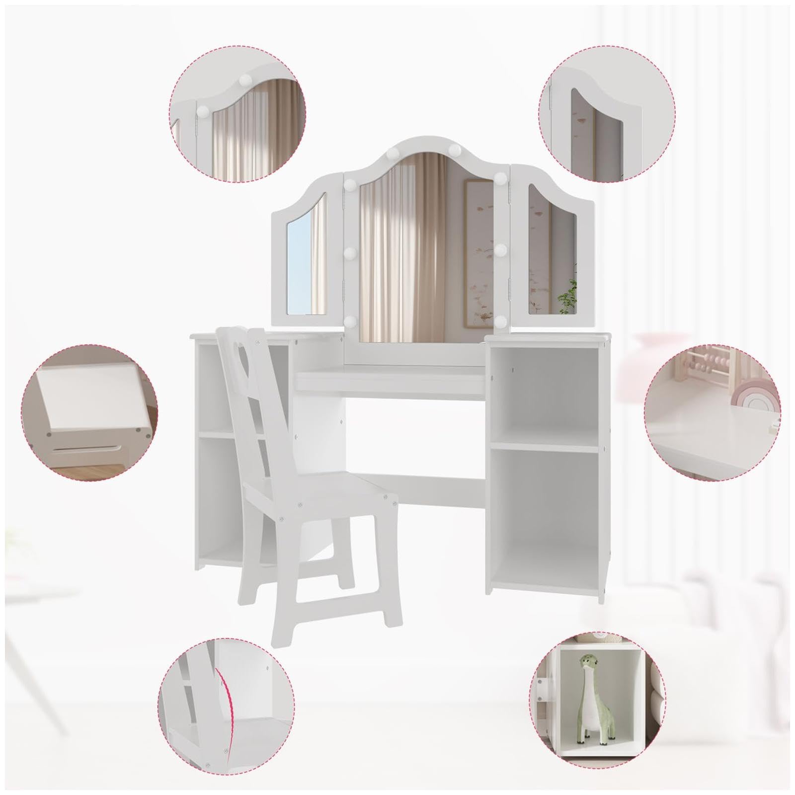 Garvee Princess Vanity Table & Chair Set - 2-in-1 Design, Touch Light, Large Storage, Detachable Tri-Folding Mirror, Easy Assembly, Versatile Use for 