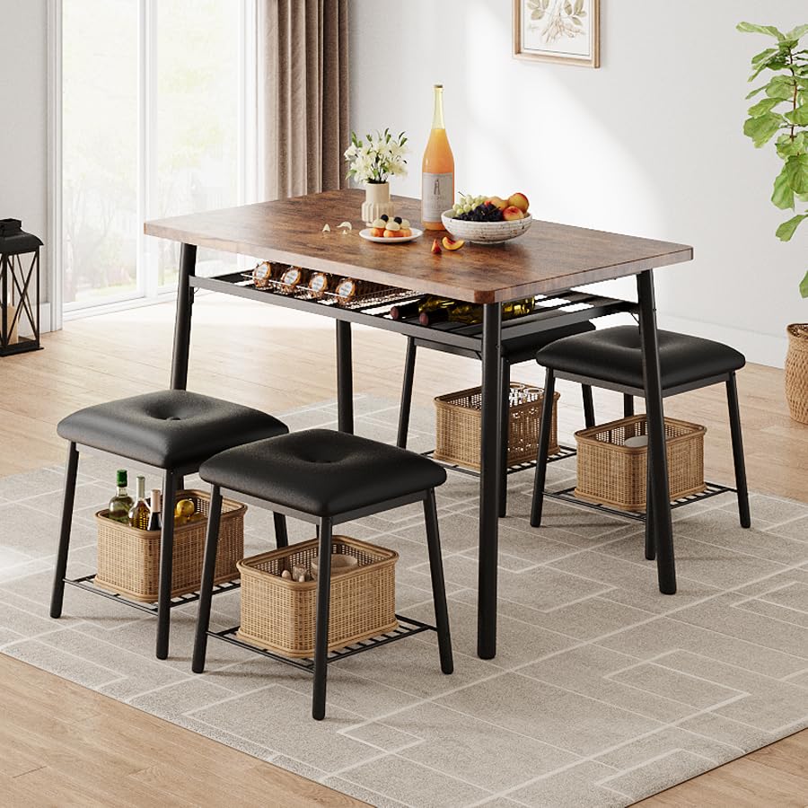 Garvee 5-Piece Dining Table Set, Dinner Table Set with 4 Upholstered Square Stools and Storage Rack, Modern Kitchen Table Set for 4, Dining Furniture 