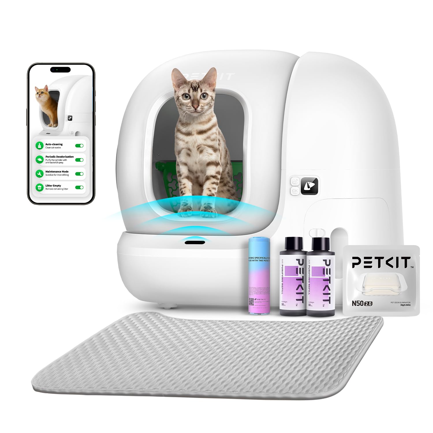 PETKIT 2025 Upgraded Automatic Cat Litter Box 2-Way Odor Remover & 20 Trash Bags,App Control Smart Robot with Anti-Scratch Inner Mat, Self-Cleaning Ca