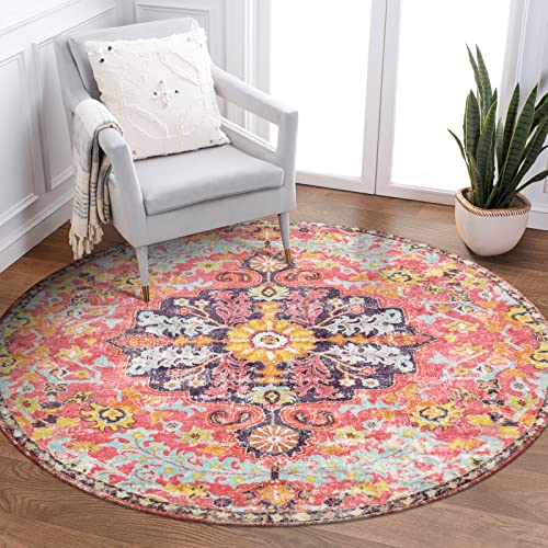 Lahome Bohemian Floral Medallion Round Rug - 3Ft Small Hot Pink Round Area Rug for Girls Bedroom Nursery Mat, Boho Washable Soft Indoor Throw Entryway