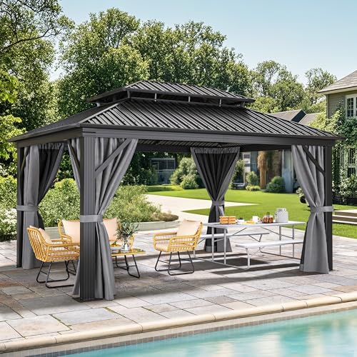 YITAHOME 12x16ft Hardtop Gazebo with Nettings and Curtains, Heavy Duty Double Roof Galvanized Steel Outdoor Combined of Vertical Stripes Roof for Pati