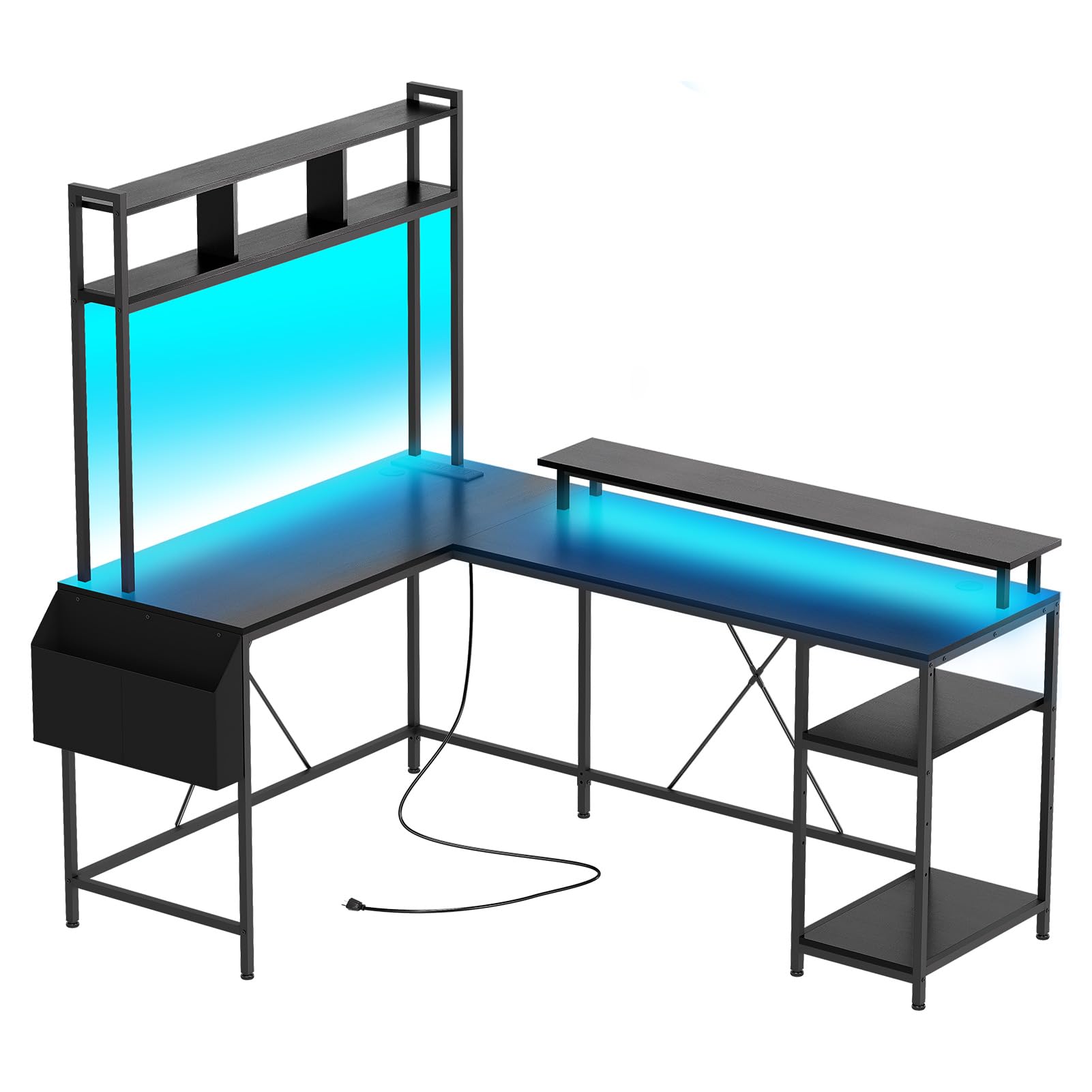 Garvee L Shaped Computer Gaming Desk with LED Lights & Power Outlets, 67" Reversible Large L-Shaped Desk with Monitor Stand & Storage Shelves (Black)
