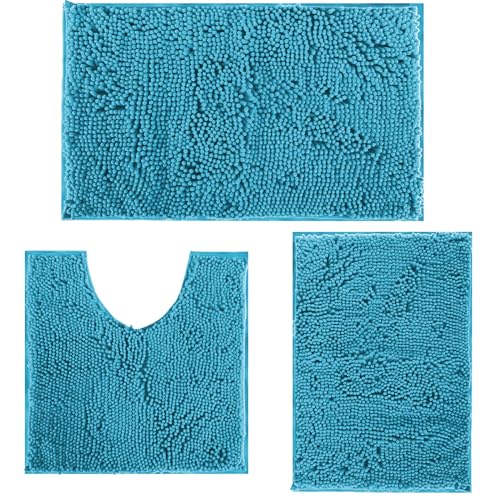 RUN HELIX Teal Blue Bathroom Rugs Bath Mats for Chenillen Rug Set 3 Piece Non-Slip Mats, Absorbent Shaggy Rugs, Machine Wash, Perfect Plush Carpets Se