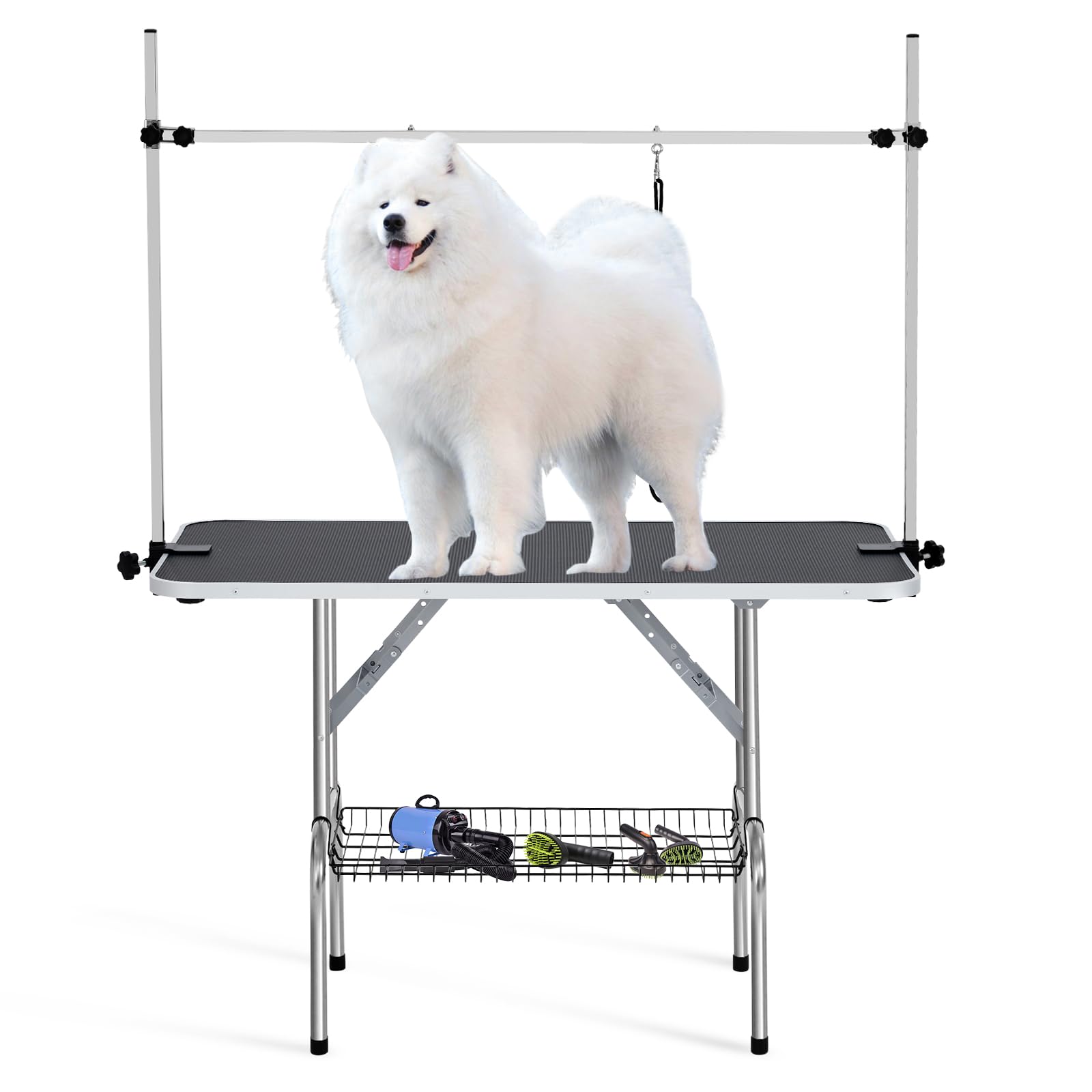 Garvee 48" Dog Grooming Table Adjustable Height Pet Drying Desktop Foldable Pet Grooming Table with Arms, Nooses, Mesh Tray, Foldable Pet Station Max 