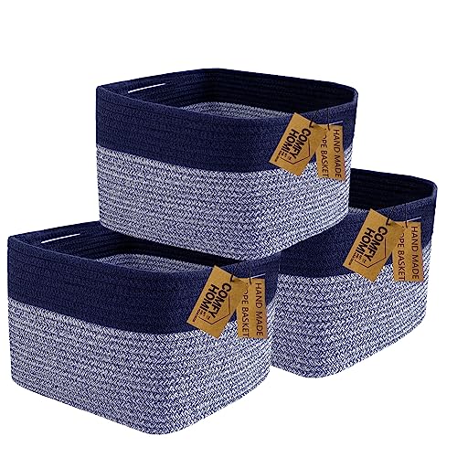 COMFY-HOMI 3PACK Rectangular Cotton Rope Basket With Handles for Shelves|Dog Toy|Baby Gift - Dark Blue (13.5" x 11" x 9.5") 13.5" x 11" x 9.5" dark bl