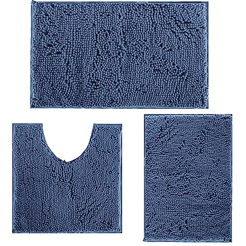 Blue Bathroom Rugs Chenille Bath Mats Set 3 Piece Extra Soft and Absorbent Shaggy Rugs, Machine Wash and Dry, Perfect Plush Bath Mats for Tub, Shower,