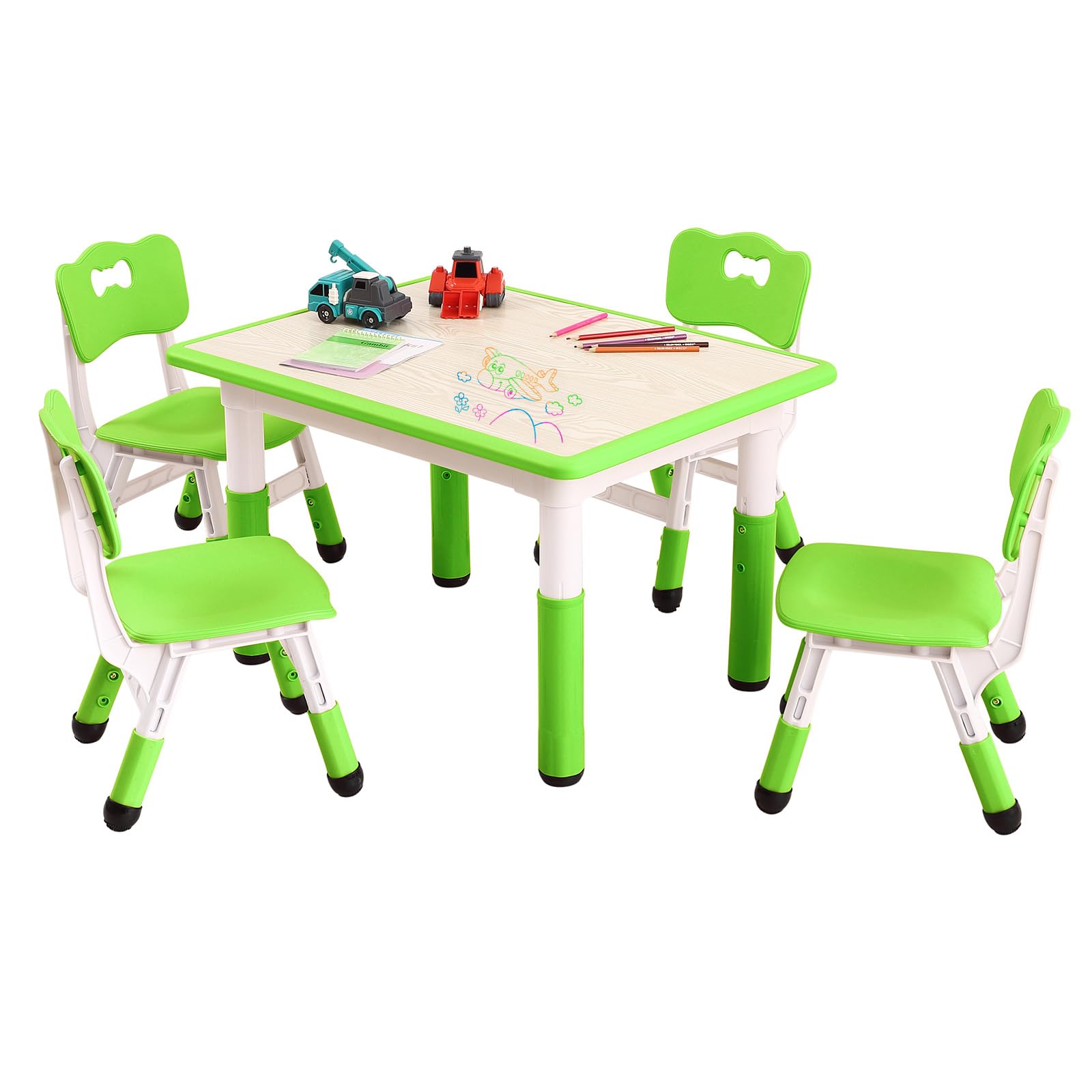 Garvee Kids Table and Chairs Set, Adjustable Height 4-Seat Desk for Ages 2-10, Arts & Crafts Study Table for Classrooms, Daycares & Homes, Green