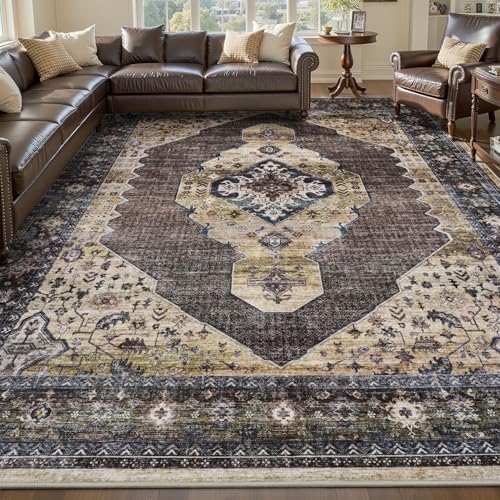 Engiw-9x12 Area Rugs for Living Room Rug Carpet Bedroom Rug Machine Washable Dining Room Rugs Carpet Neutral Farmhouse Vintage Brown Taupe Large Brown