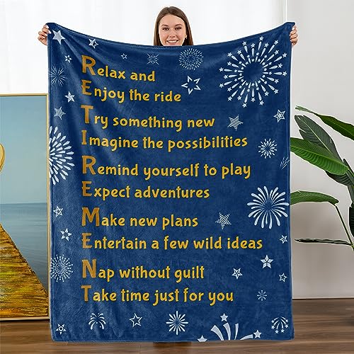 Retirement, Retirement Gifts for Men Women 2024, Going Away Gift - Happy Retirement Throws Blanket for Teachers Grandparent Friends (Deep Blue, 60x80)