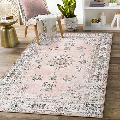 Lahome Pink 3x5 Entryway Rug Indoor, Neutral Distressed Washable Floral Print Area Rugs for Girls Bedroom Laundry Bathroom, Soft Non-Slip Water Repell