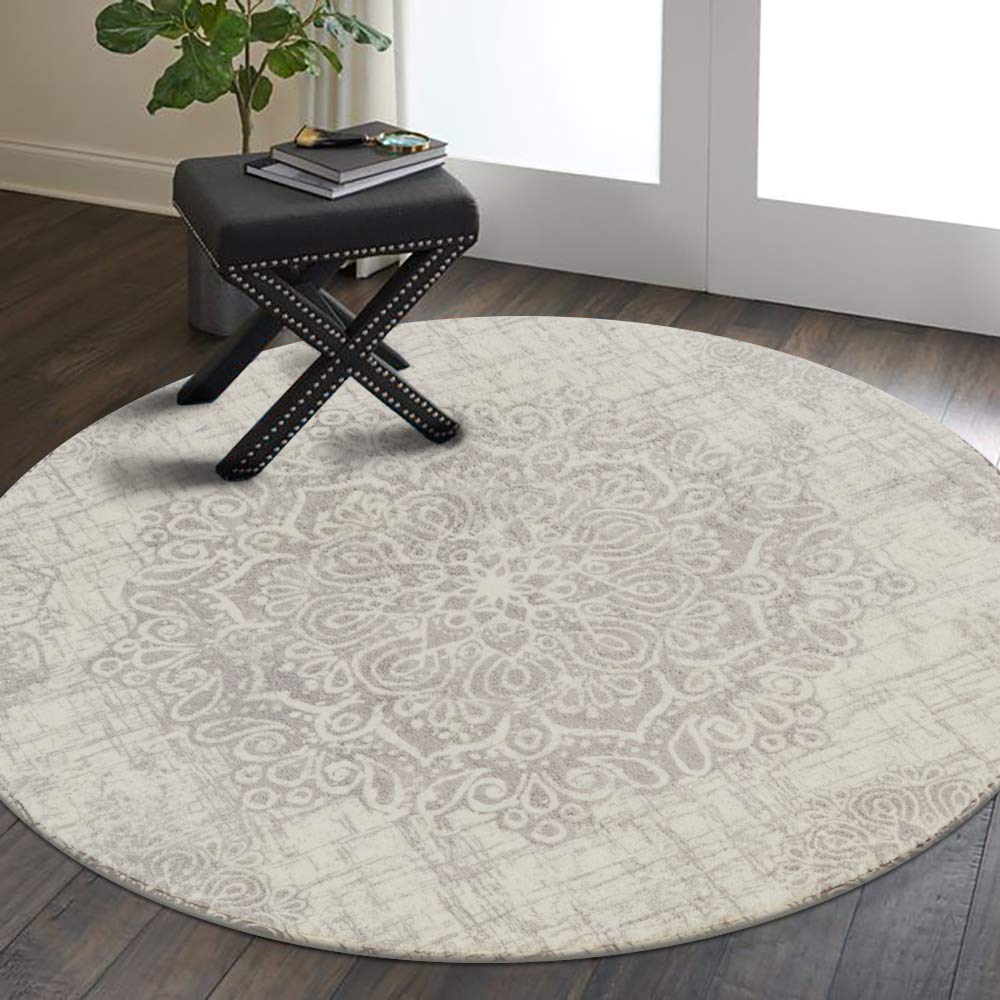 Lahome Vintage Medallion Round Rug 3ft - Non-Slip Distressed Area Rug Small Accent Throw Rugs Floor Carpet for Door Mat Entryway Bedroom Laundry Room