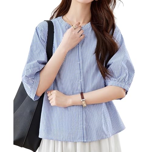 Women Puff Short Sleeve Blouse Trendy Striped V Neck Shirt Summer Business Casual Outfit Cute Babydoll Boho Loose Tops 03blue Large