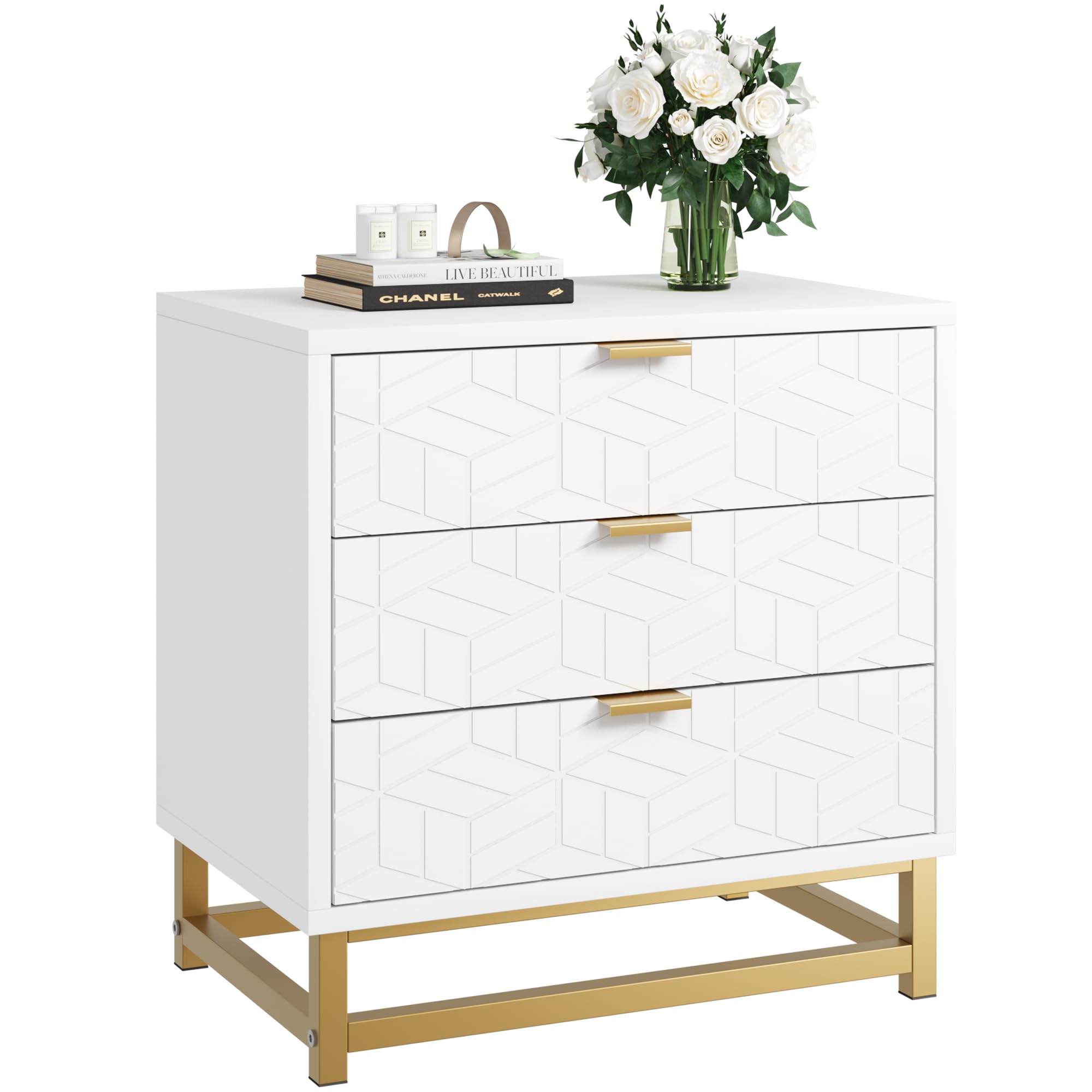 Garvee White 3 Drawer Dresser, Large Dresser for Bedroom, Wood Dresser with 3 Large Drawers, Modern Dressers with Gold Metal Handles for Living Room, 