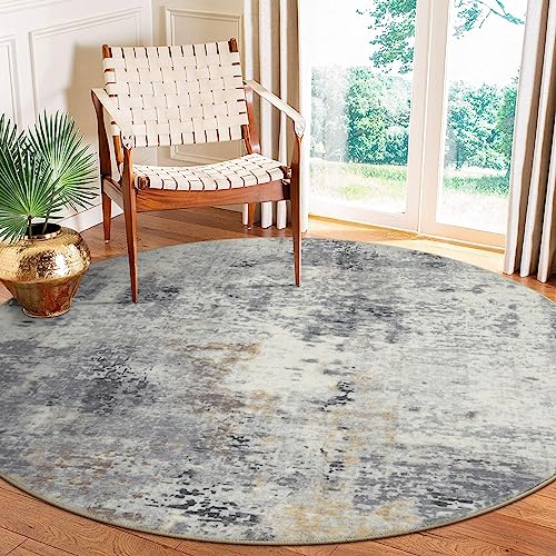 Lahome Modern Abstract Round Rug - 6Ft Gray Circle Rugs for Living Room Soft Dining Room Rugs for Under Table, Machine Washable Bedroom Mat Non Slip L