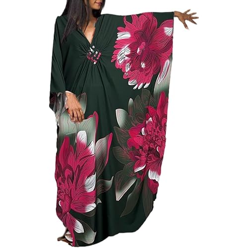 LOUSEA Kaftan Dress for Women Large Flower Print Cover Up Dresses Vneck One-piece Bathingsuit Cover Ups Darkgreen1 One Size