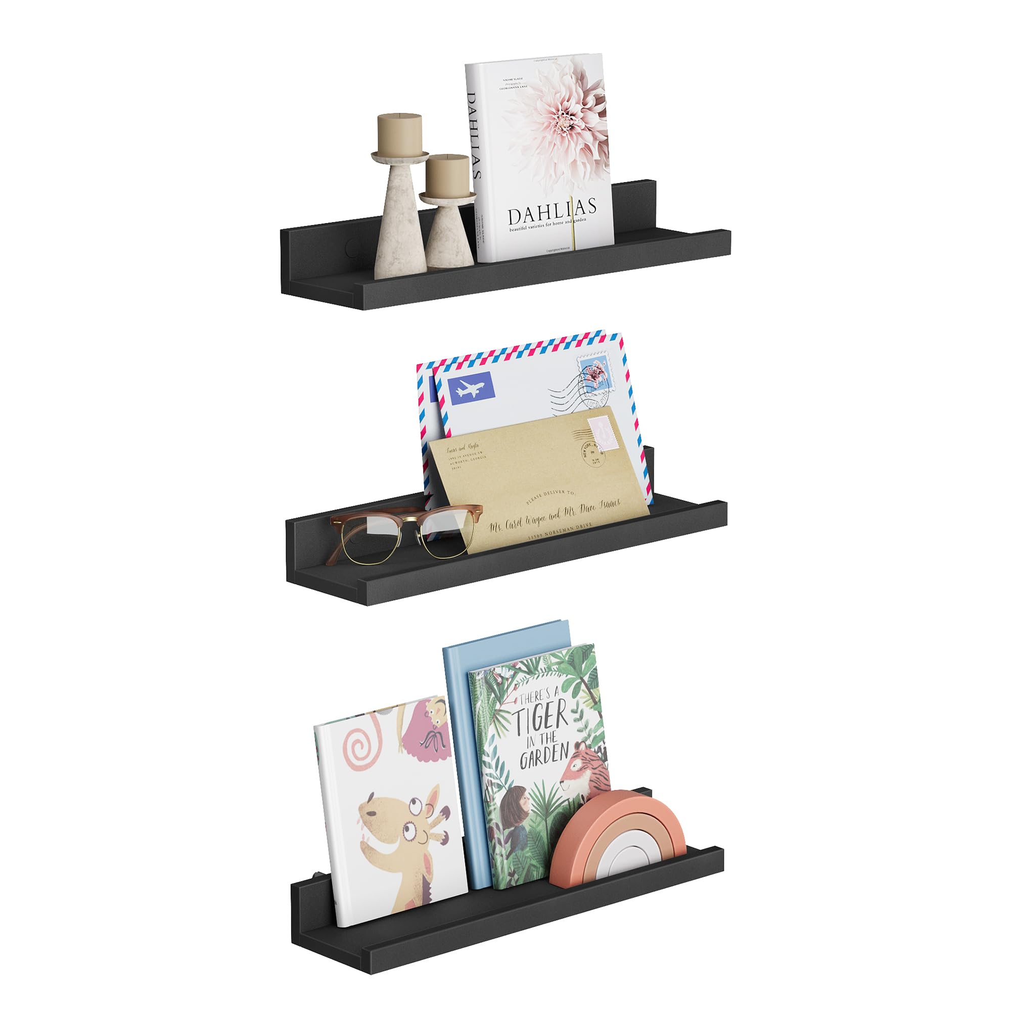 SONGMICS Floating Shelves, Set of 3 Wall Shelves, 15-Inch Wide, for Photo Frames and Trinkets, for Living Room, Home Office, Kitchen, Bathroom, Black