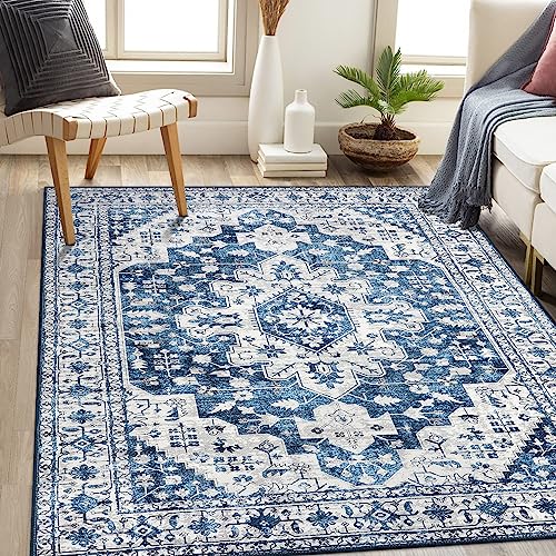 Moynesa Ultra-Thin Washable Area Rug - 5x7 Blue Rugs for Living Room Washable Rugs for Bedroom Soft Dining Room Mat, Vintage Printed Low Pile Indoor C